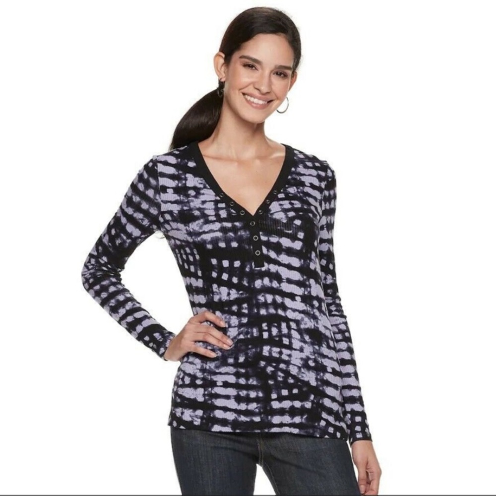 Rock & republic womens shirt tie-dye black purple snap button ribbed XS